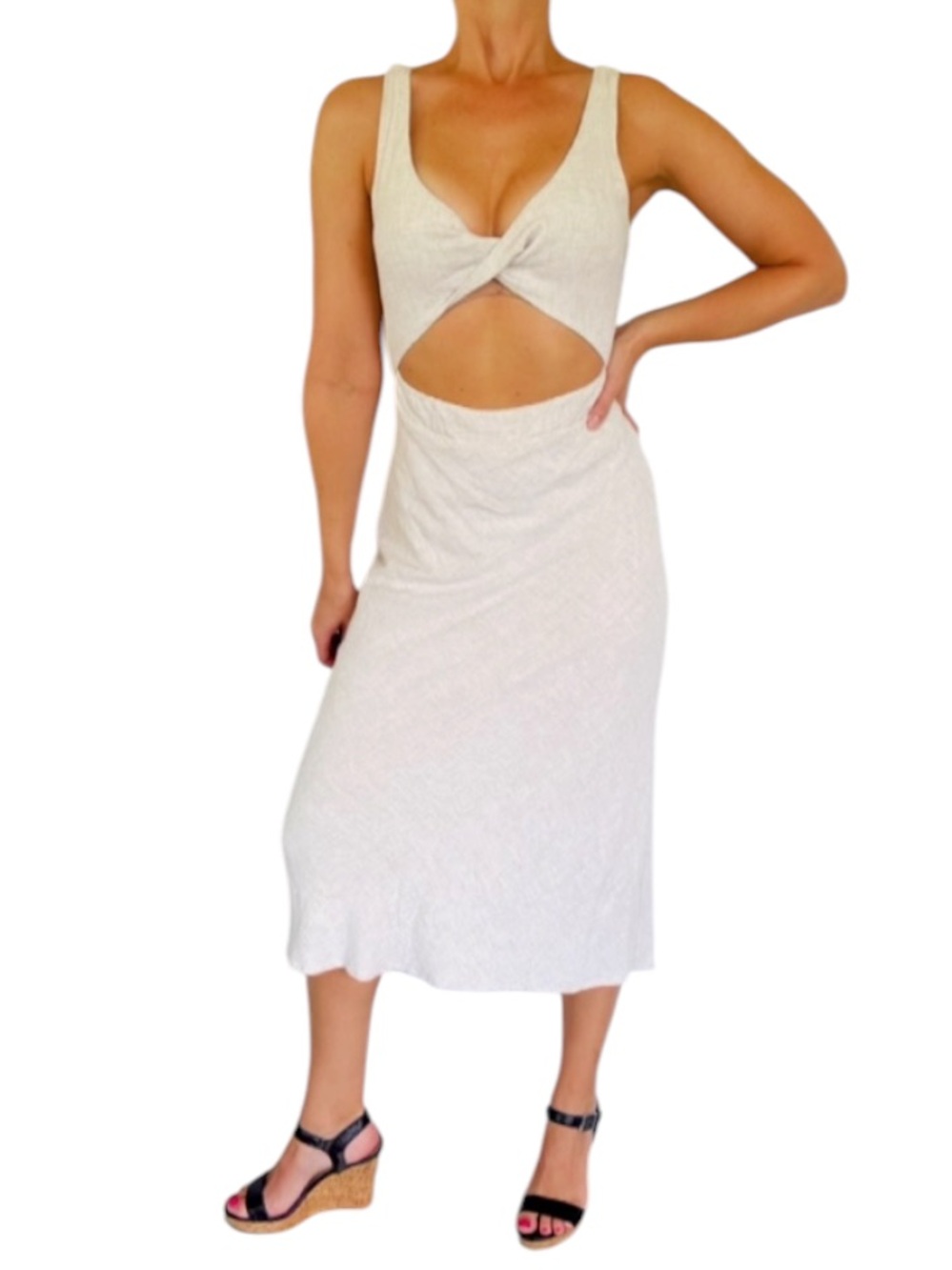 Petal + Pup beige twist front mid cut out sleeveless cotton midi dress size 6